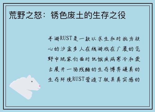 荒野之怒：锈色废土的生存之役